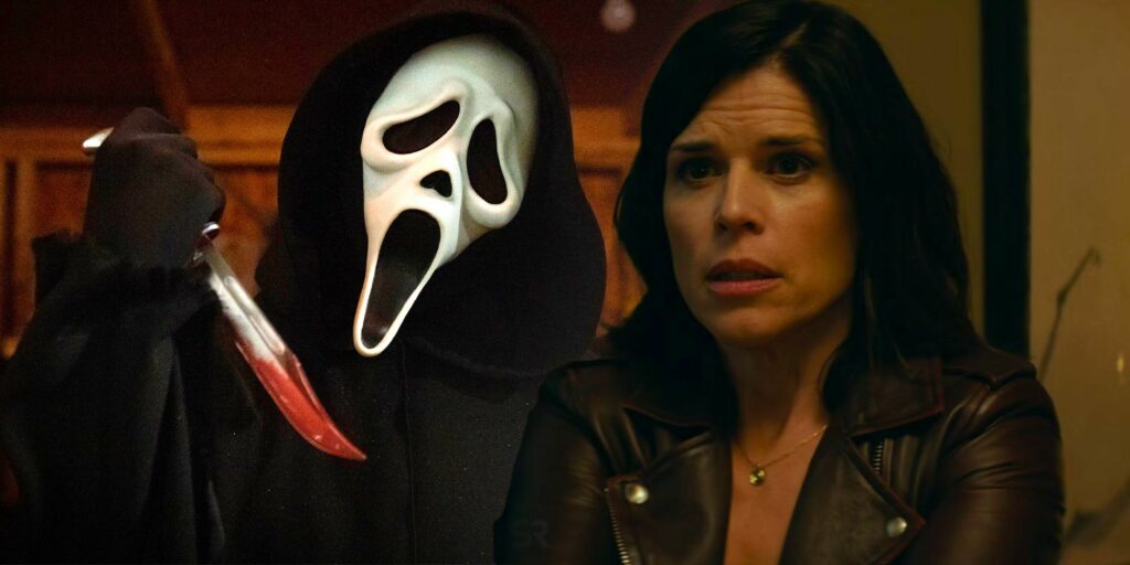 Neve Campbell as Sidney Prescott in Scream 5 with Ghostface